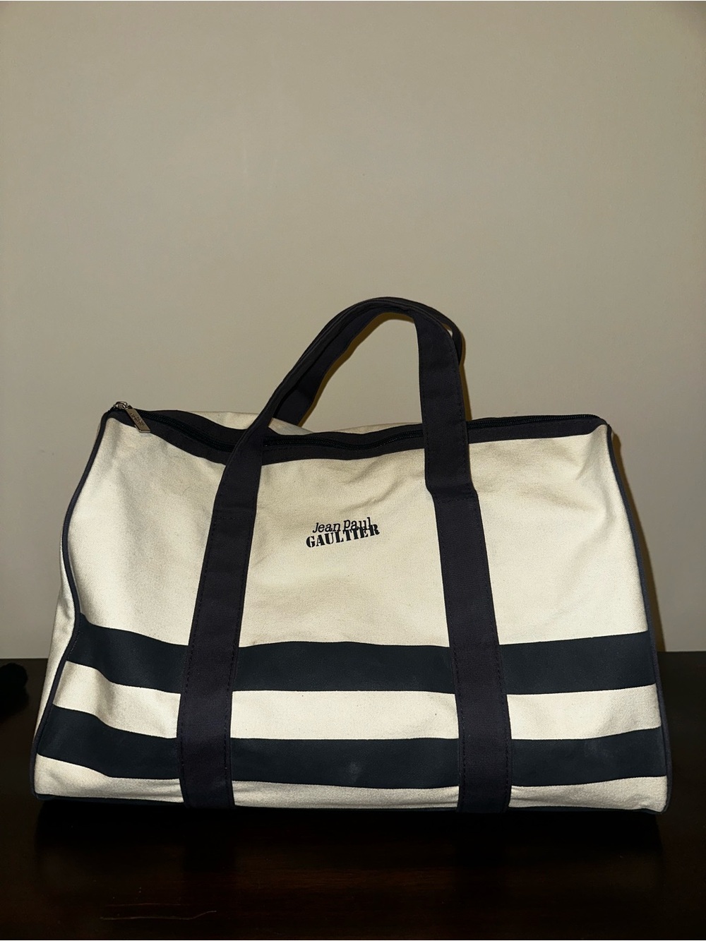 Jean Paul Gaultier Cream and Black Striped Duffel Bag
